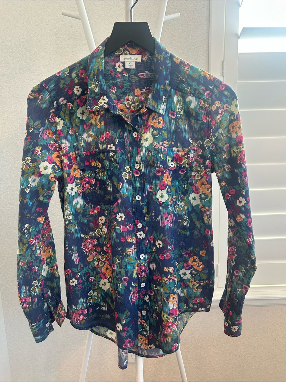 Sundance XS Navy Floral Watercolor Button-Down Shirt, 100% Cotton, Long Sleeve